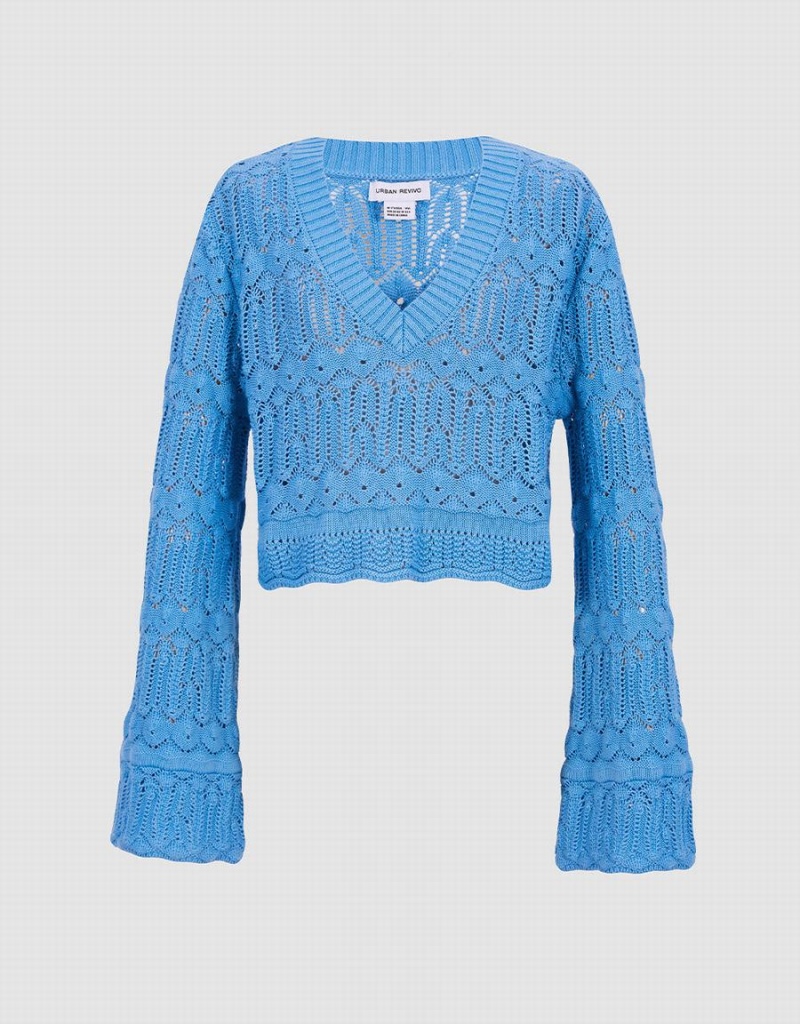 Urban Revivo Bell Sleeve Pointelle Knit Top Women\'s Cardigan Blue | GVH2121CW