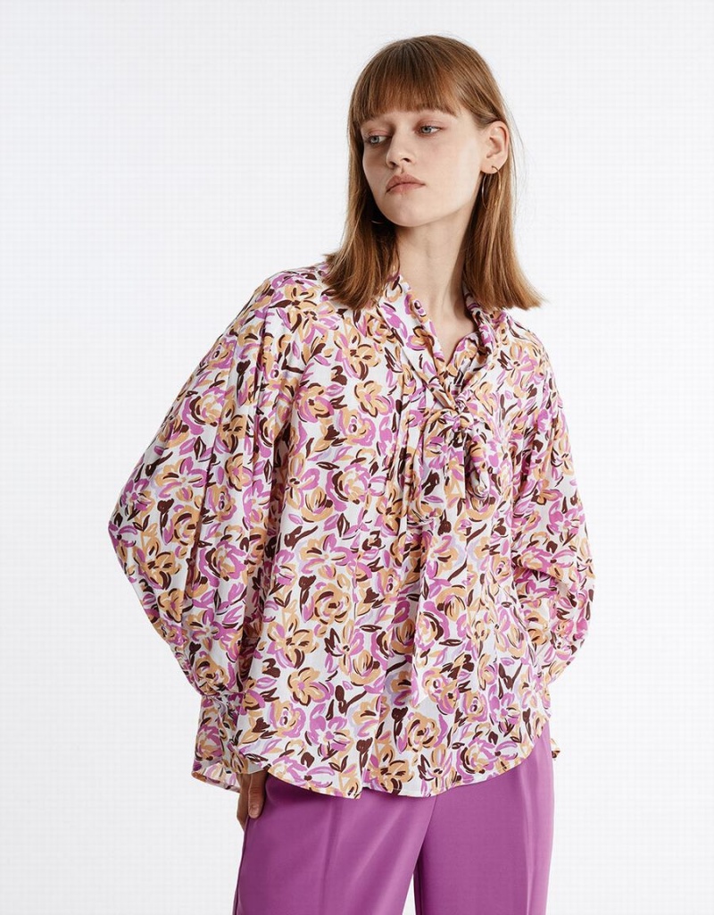 Urban Revivo Bow Detail Floral Women's Blouse Purple | DPX686YF