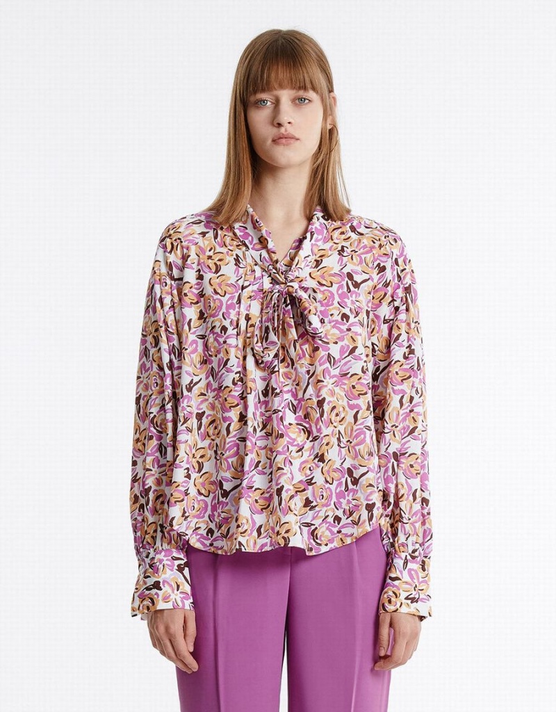 Urban Revivo Bow Detail Floral Women's Blouse Purple | DPX686YF