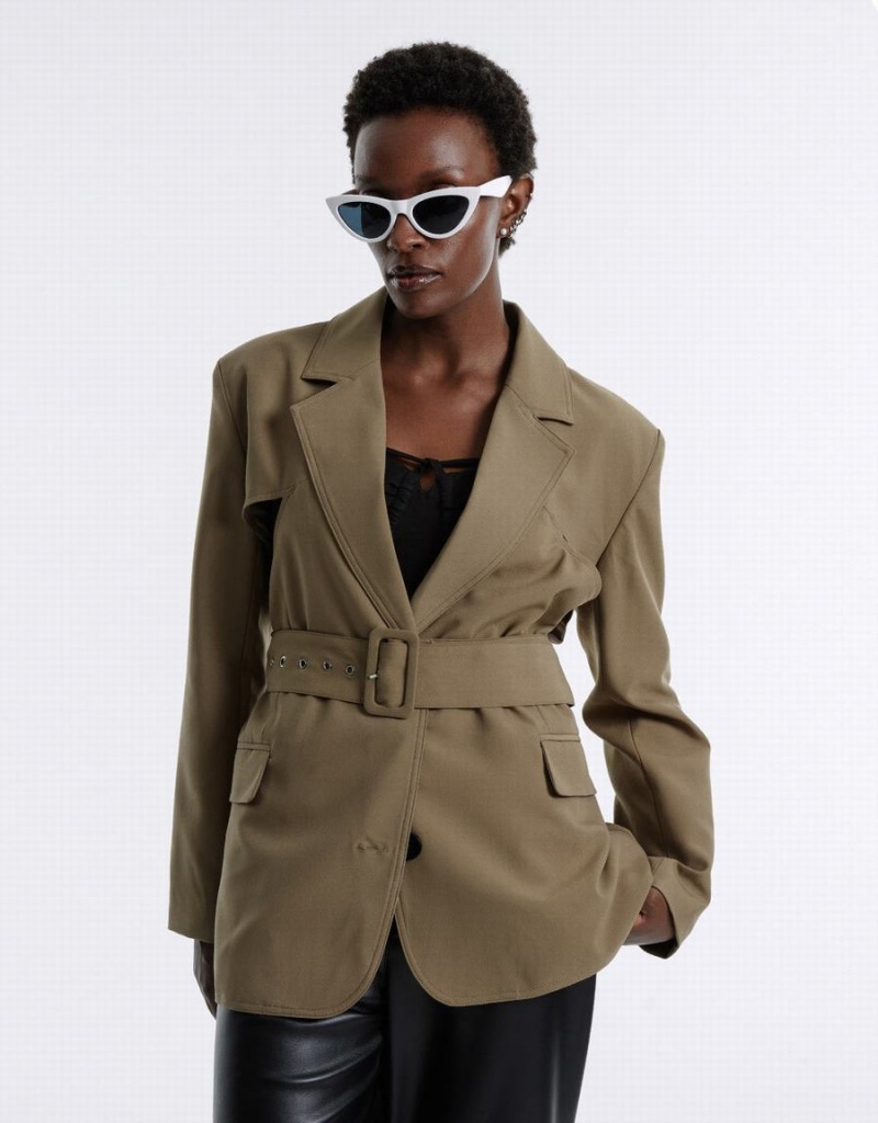 Urban Revivo Buckle Belted Women's Blazers Dark Khaki | HXB1599SB