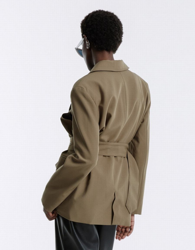 Urban Revivo Buckle Belted Women's Blazers Dark Khaki | HXB1599SB