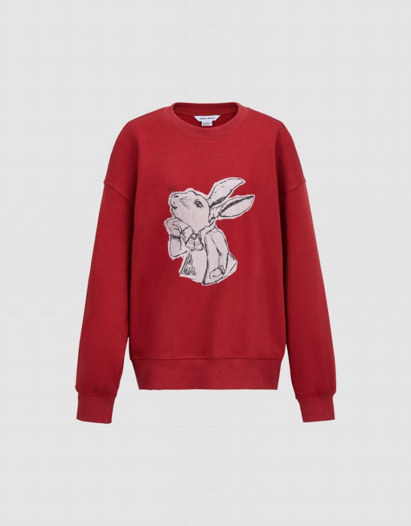 Urban Revivo Bunny Print Women\'s Sweatshirts Red | IMP7947OT