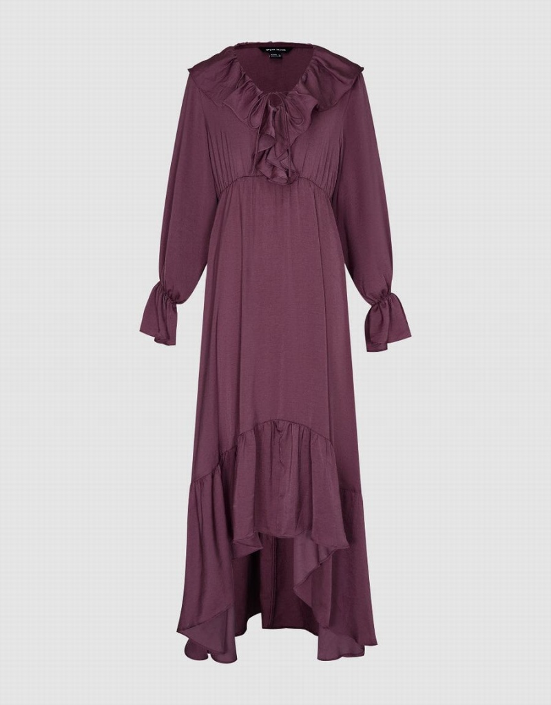 Urban Revivo Butterfly Sleeve Ruffle Lapel A-Line Women's Dress Purple | KDN5164AB