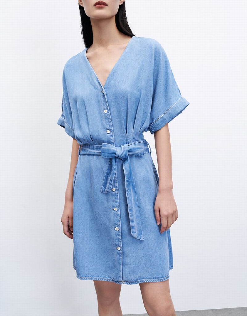 Urban Revivo Button Front Belted Denim Women's Dress Blue | GMB8567LD