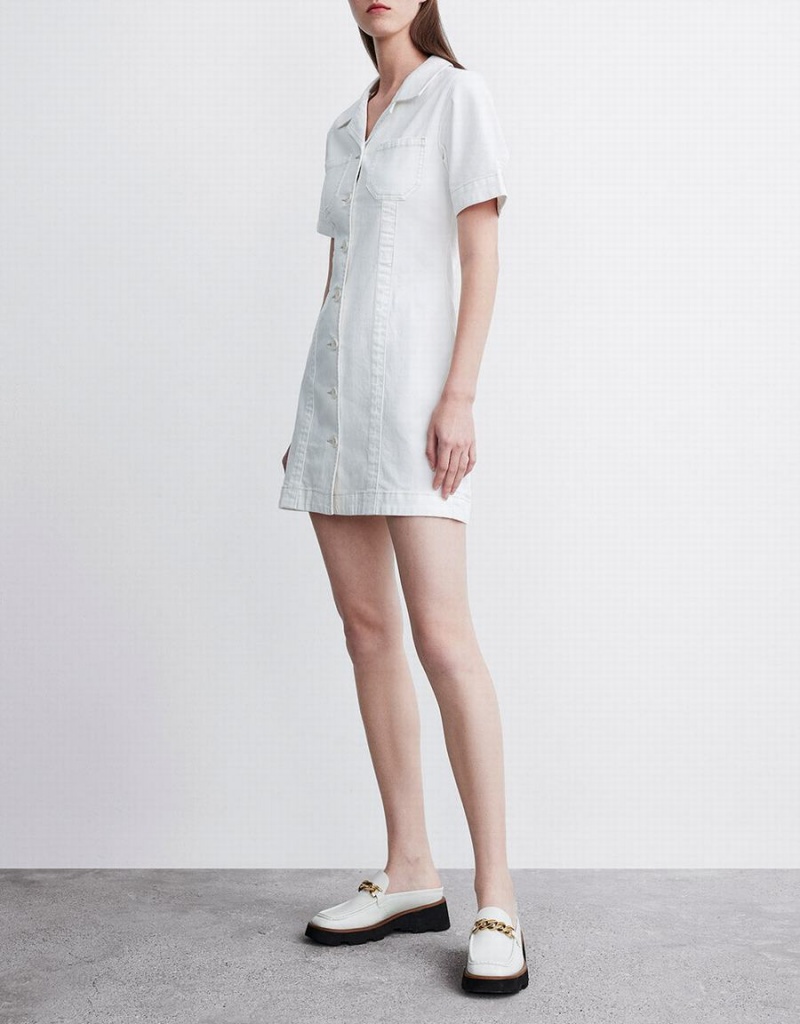 Urban Revivo Button Front Denim Women's Dress White | POD7163YX