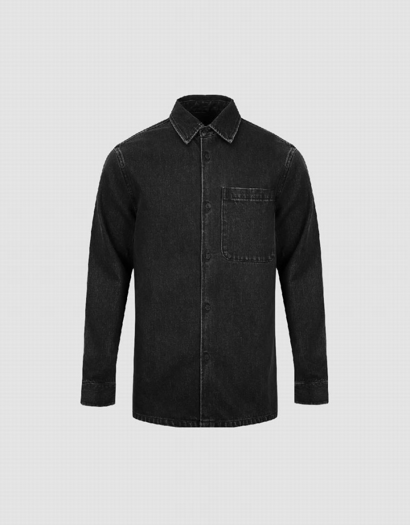 Urban Revivo Button Up Denim Men's Shirts Dark Grey | XGQ4472TW