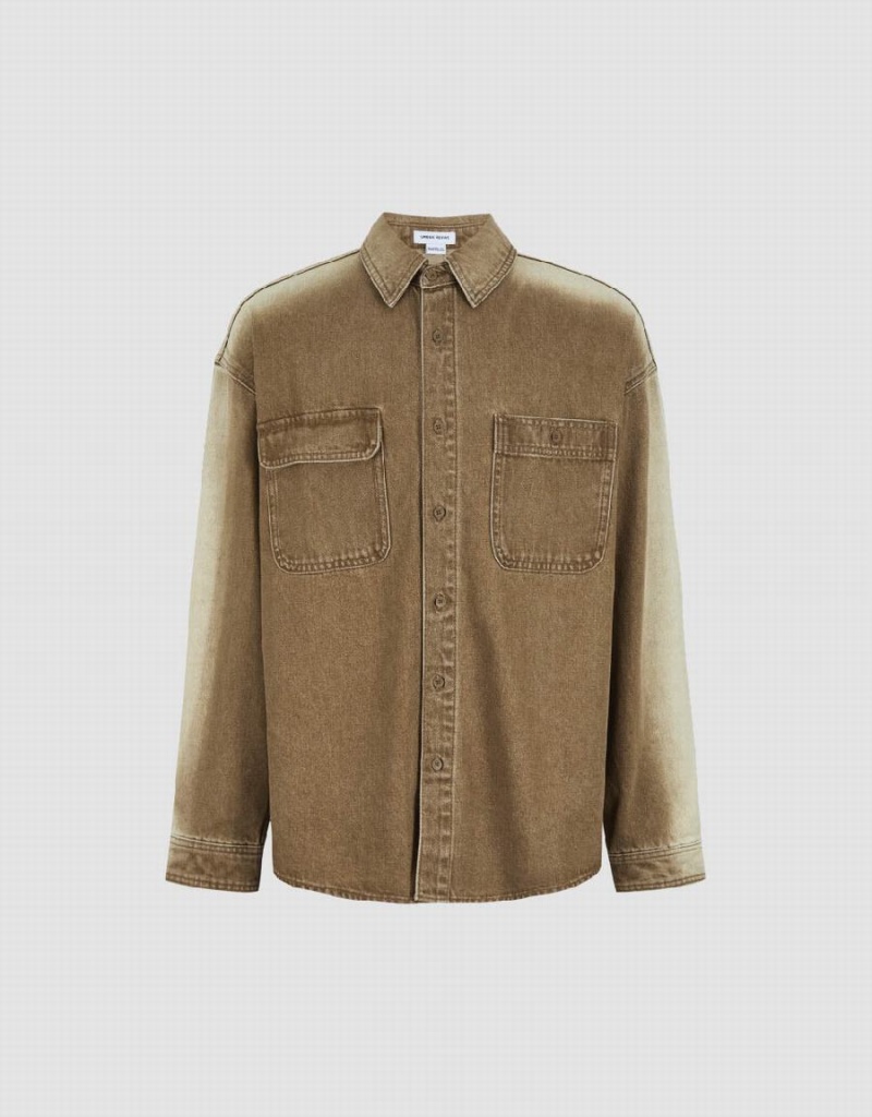 Urban Revivo Button Up Denim Men's Shirts Khaki | CLP4159HL