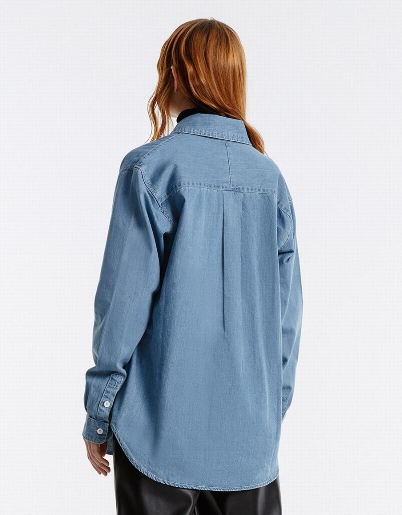 Urban Revivo Button Up Denim Women's Shirts Blue | QTA8477TA