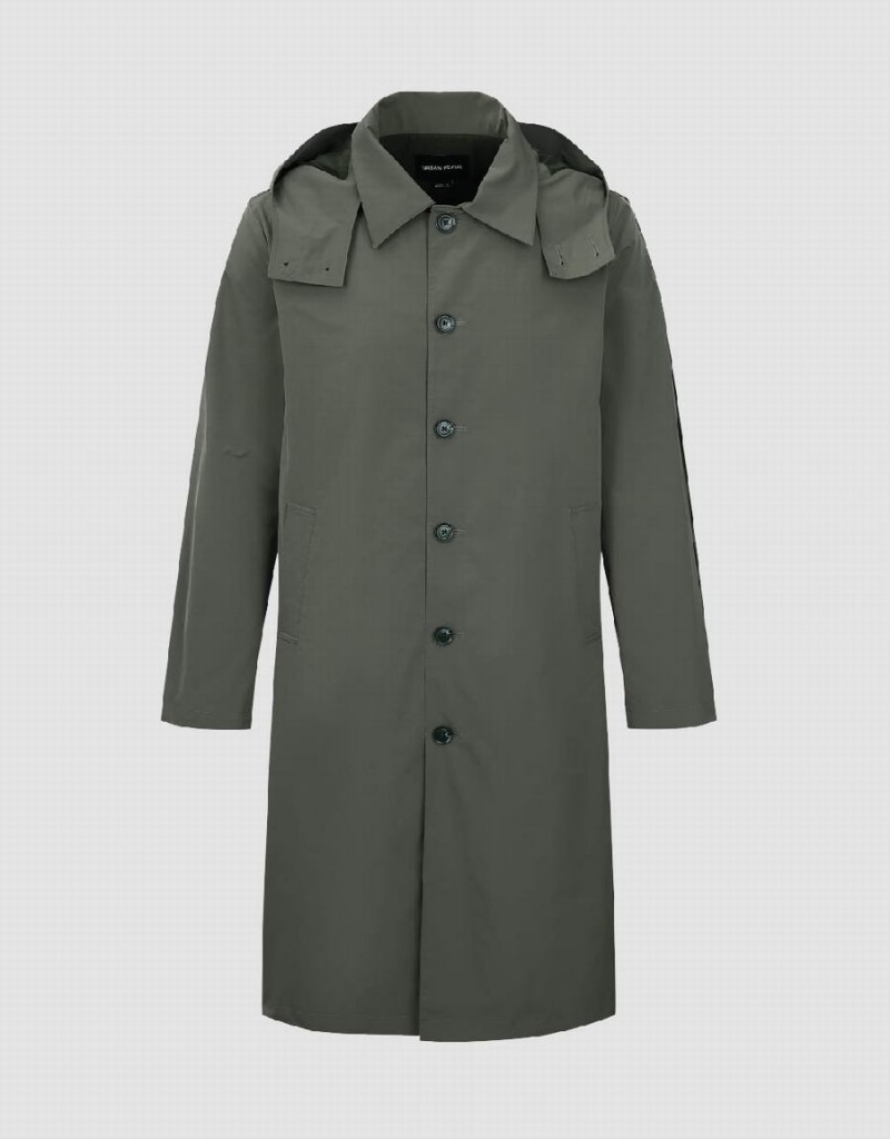 Urban Revivo Button Up Hooded Trench Men's Trench Coat Green | ICY7019WO