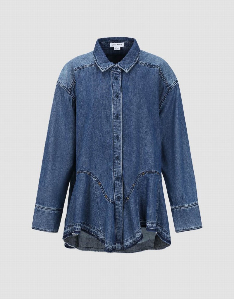 Urban Revivo Button Up Loose Denim Women's Shirts Blue | BBG3172QN