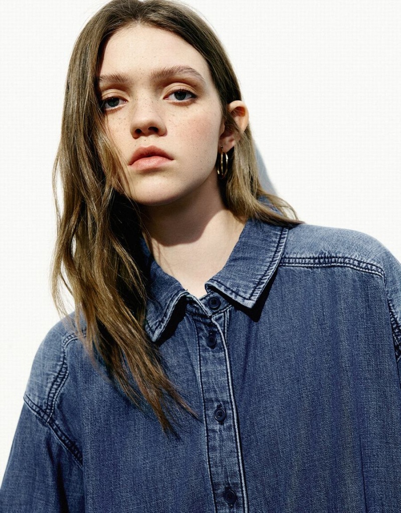 Urban Revivo Button Up Loose Denim Women's Shirts Blue | BBG3172QN