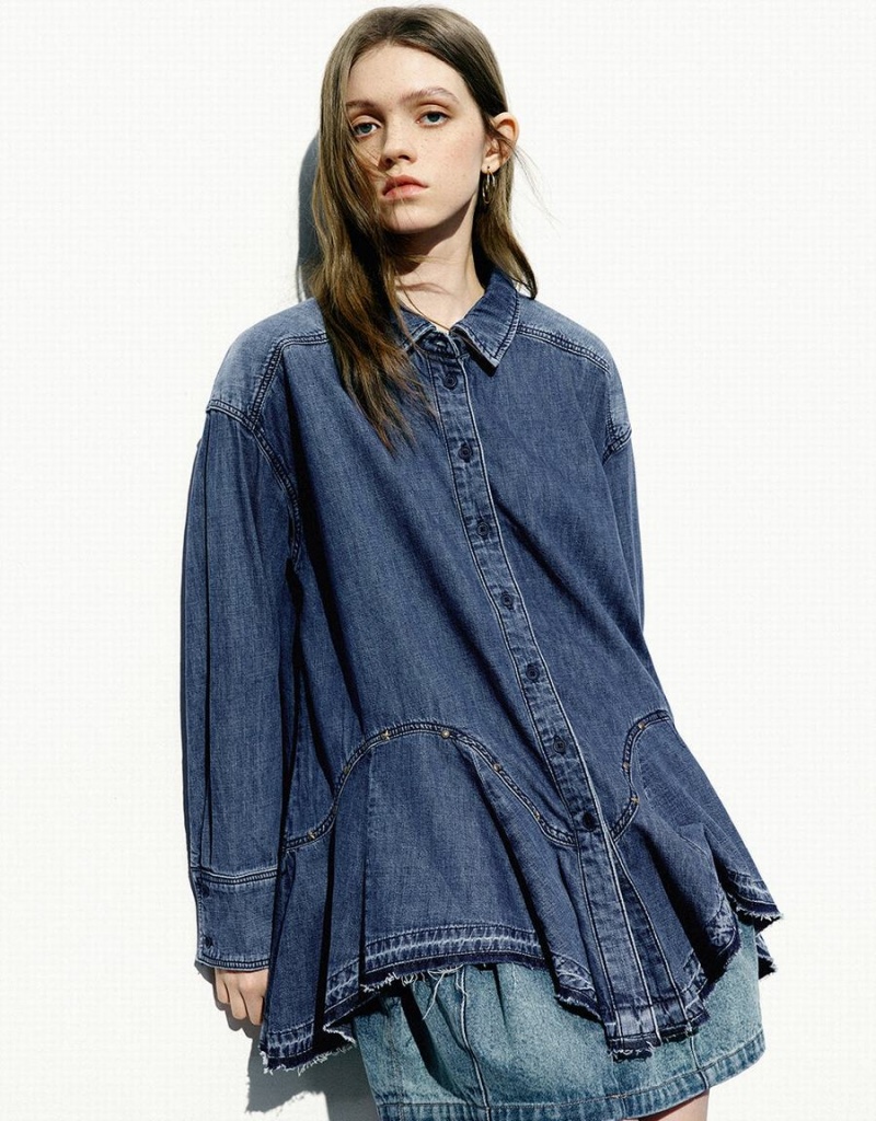 Urban Revivo Button Up Loose Denim Women\'s Shirts Blue | BBG3172QN