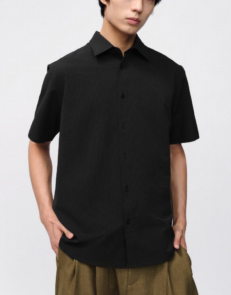 Urban Revivo Button Up Loose Men's Shirts Black | JJL2484DK