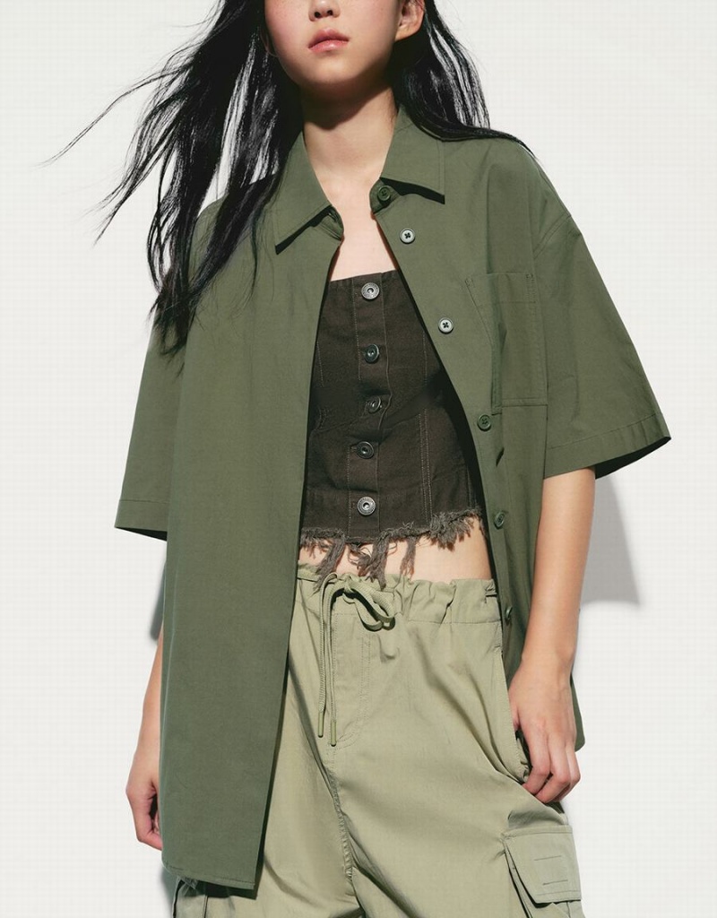 Urban Revivo Button Up Loose Women's Shirts Green | YIB2366WU