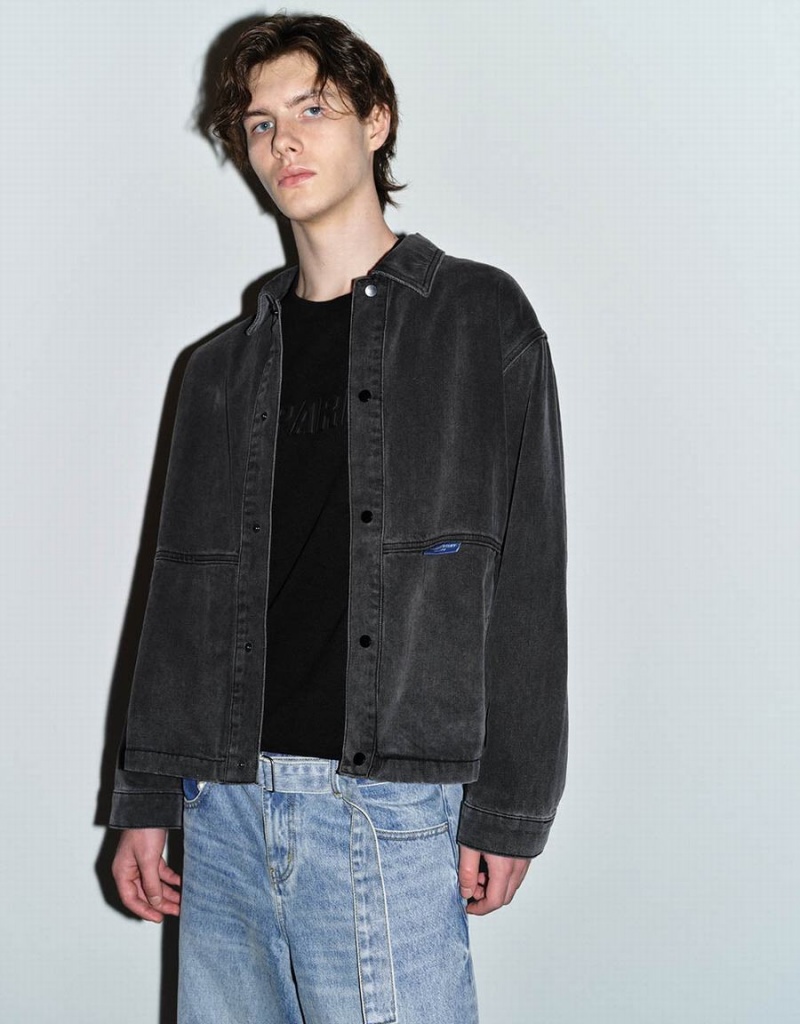 Urban Revivo Button Up Men's Denim Jackets Black | XXP220LA