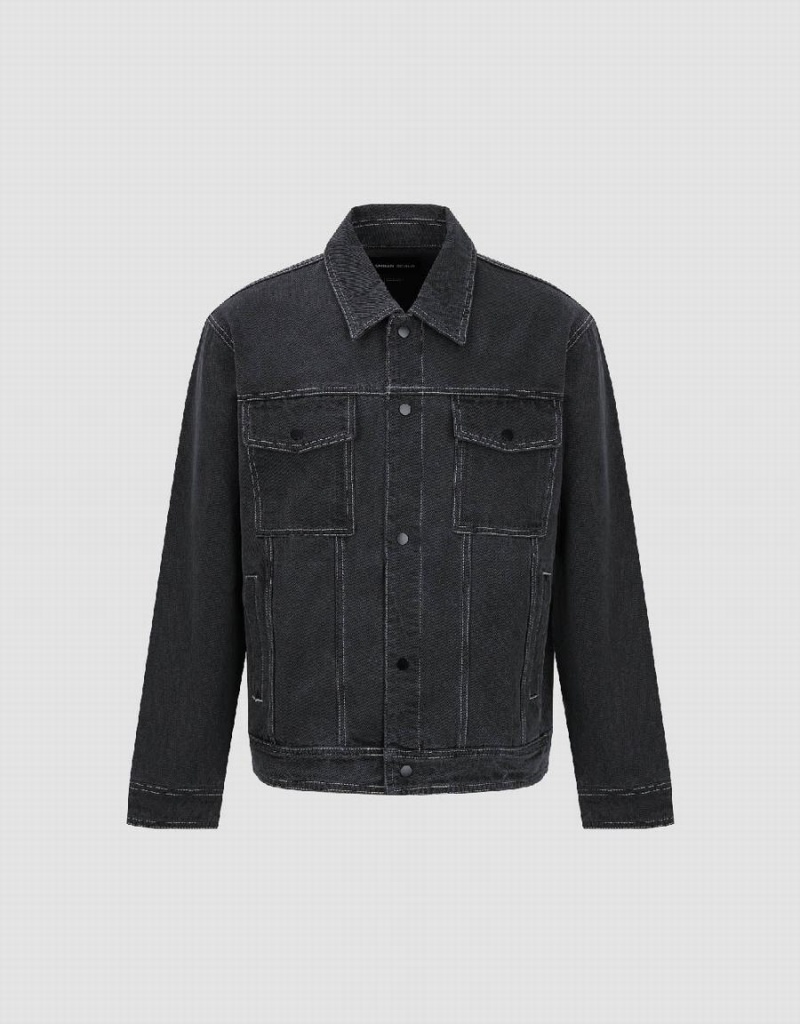 Urban Revivo Button Up Men's Denim Jackets Dark Grey | PIS5024CR