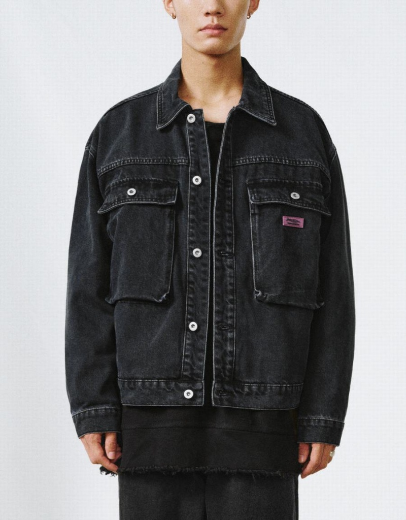 Urban Revivo Button Up Men's Denim Jackets Black | XWU1020RH