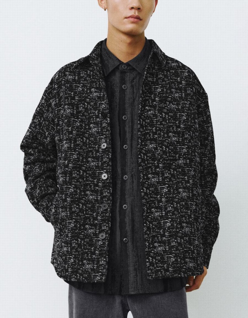 Urban Revivo Button Up Printed Men's Jackets Black | MMN3925QY