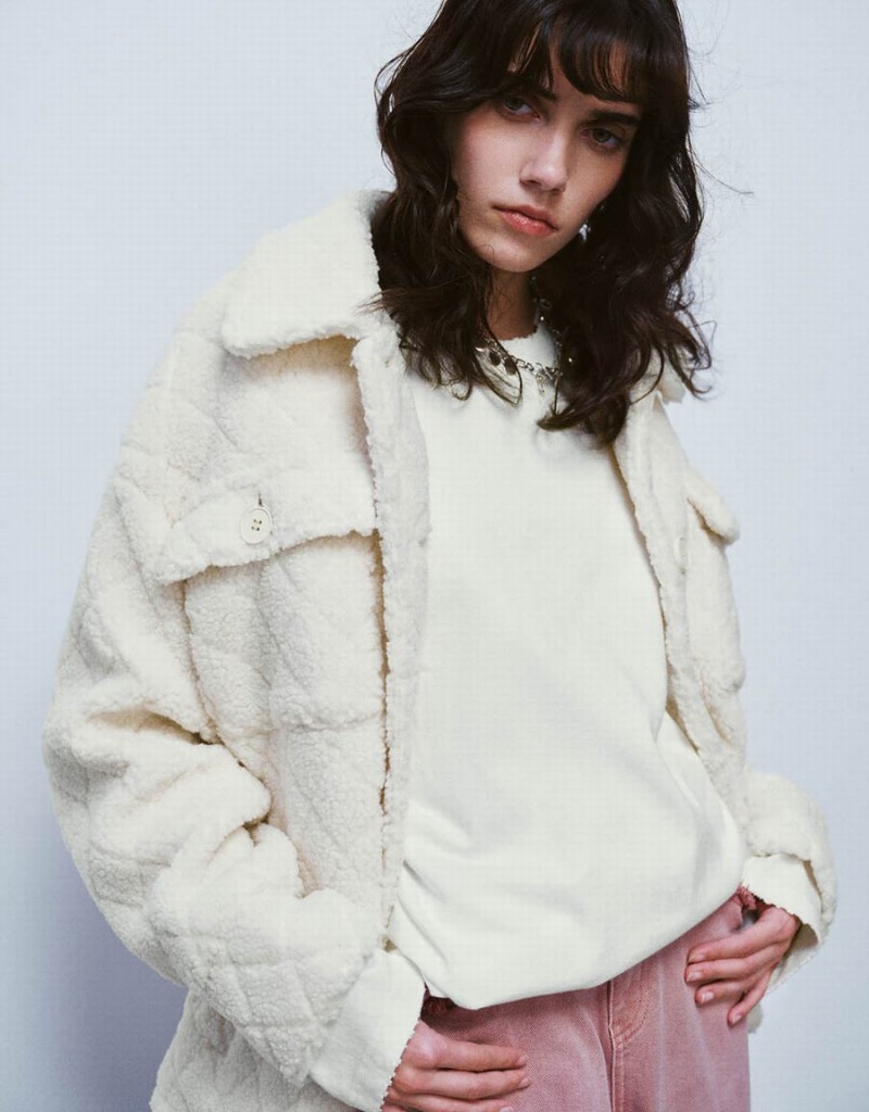 Urban Revivo Button Up Straight Furry Women's Jackets White | TQH98ZO