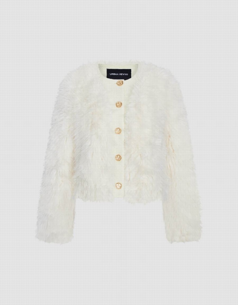 Urban Revivo Button Up Straight Furry Women's Coats White | PDU7798GF