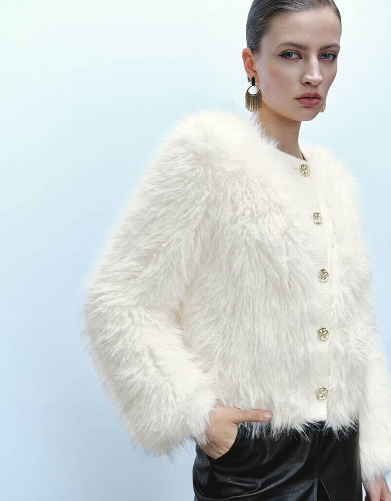 Urban Revivo Button Up Straight Furry Women's Coats White | PDU7798GF