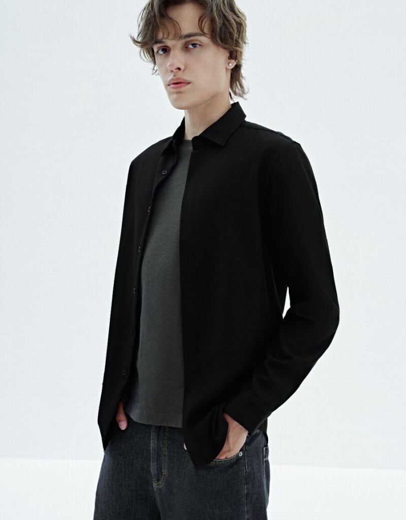 Urban Revivo Button Up Straight Men's Shirts Black | PAY4151LS