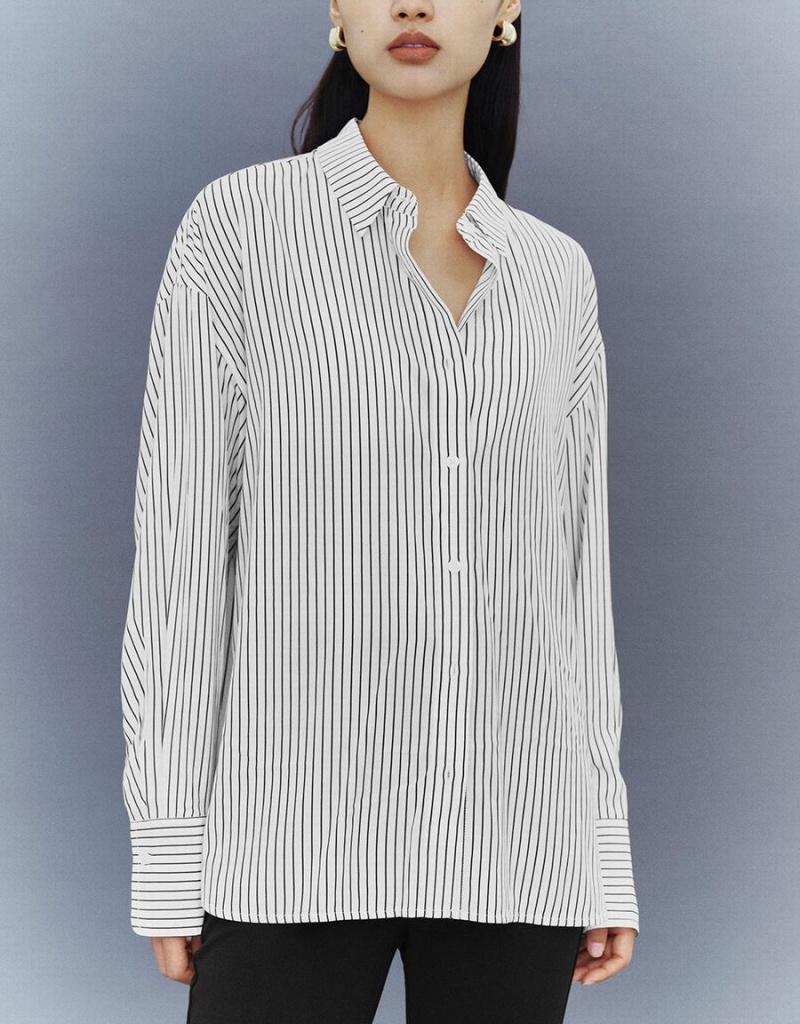 Urban Revivo Button Up Striped Straight Women's Shirts White | UMZ4644PG