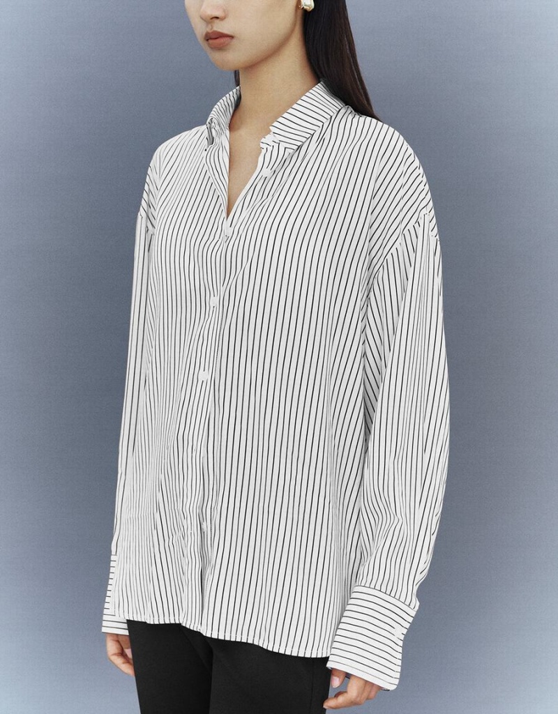 Urban Revivo Button Up Striped Straight Women's Shirts White | UMZ4644PG