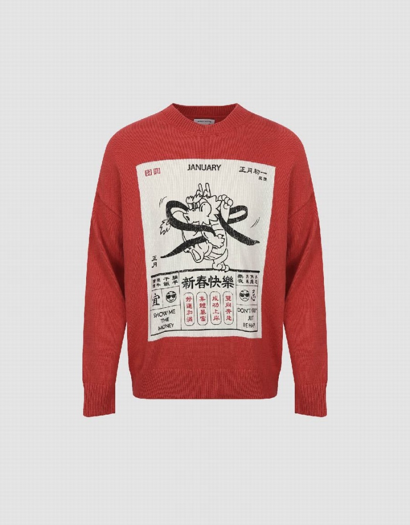 Urban Revivo Calendar Printed Men's Sweaters Red | SRE9833YC