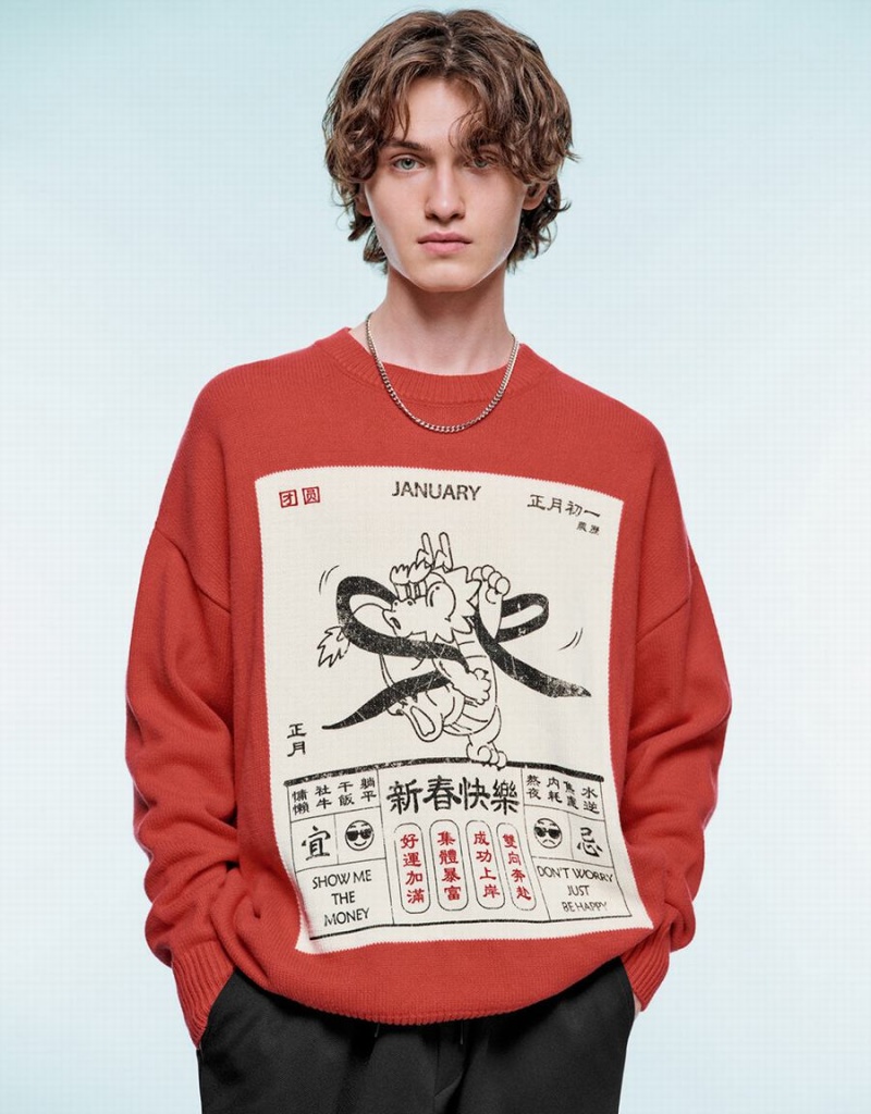 Urban Revivo Calendar Printed Men\'s Sweaters Red | SRE9833YC