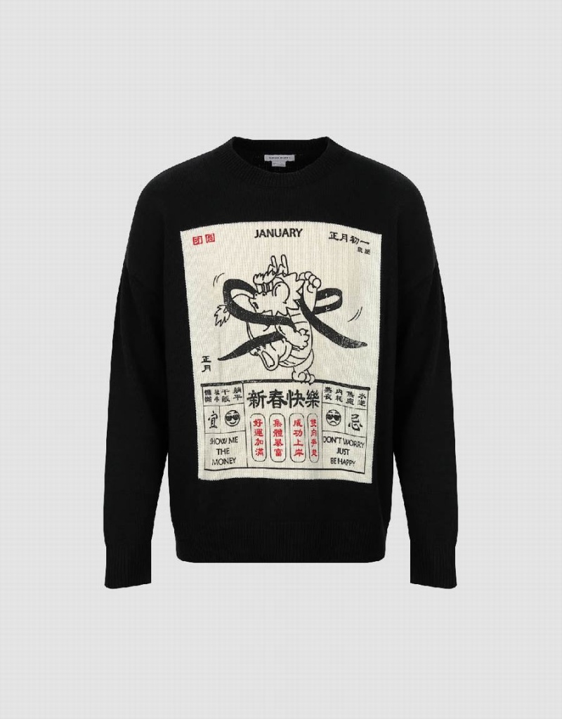 Urban Revivo Calendar Printed Men's Sweaters Black | JBK7976QA