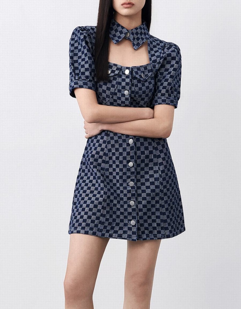 Urban Revivo Checkered Cut Out Front Denim Women's Dress Blue | HHI8149MF