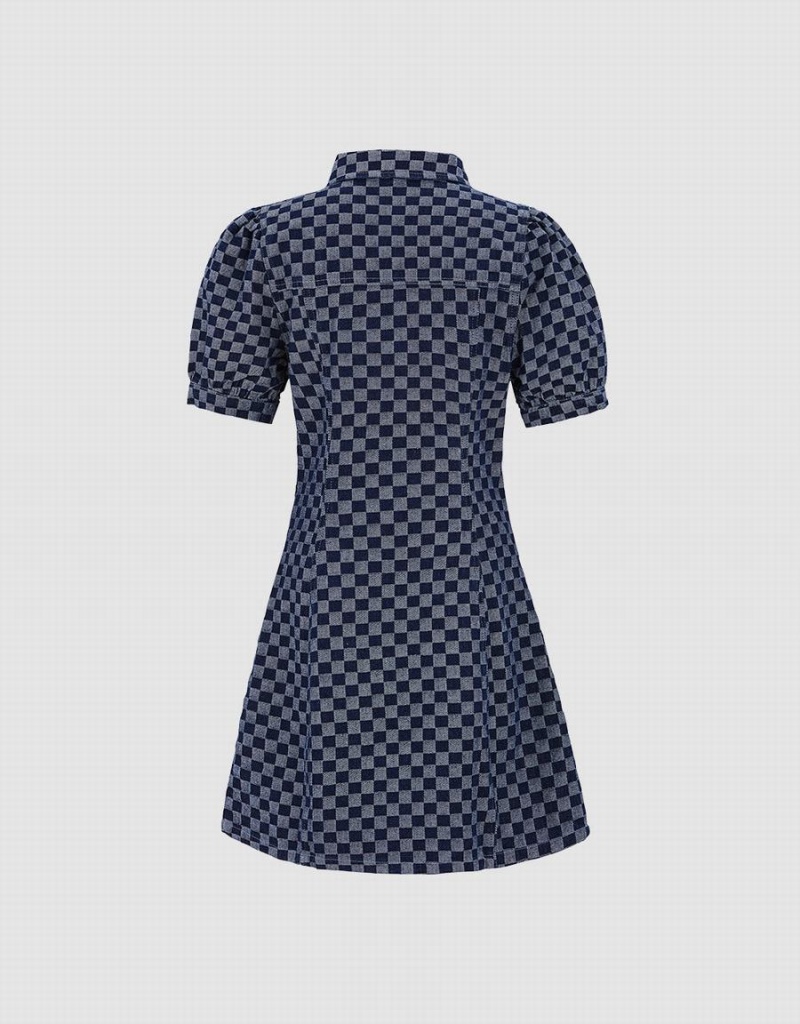 Urban Revivo Checkered Cut Out Front Denim Women's Dress Blue | HHI8149MF