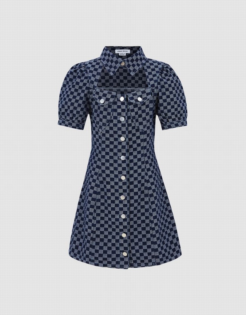 Urban Revivo Checkered Cut Out Front Denim Women\'s Dress Blue | HHI8149MF