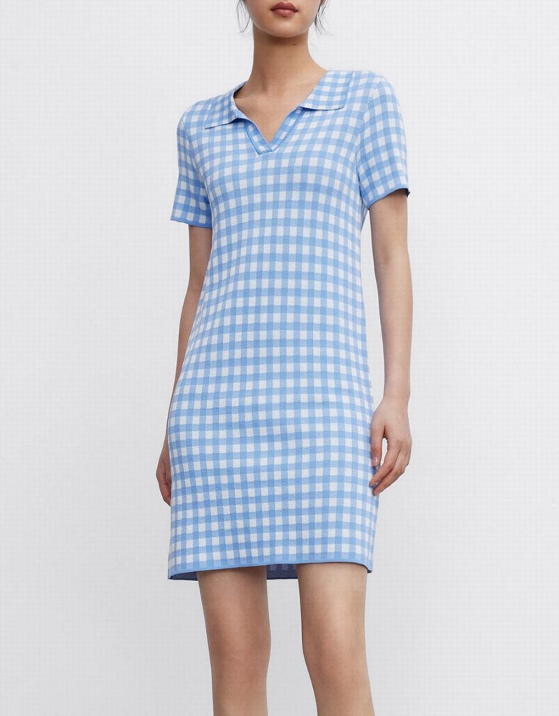 Urban Revivo Checkered Knitted Mini Checkered Women's Dress Blue | RBO739NG