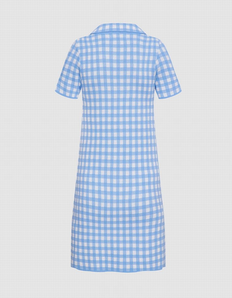 Urban Revivo Checkered Knitted Mini Checkered Women's Dress Blue | RBO739NG