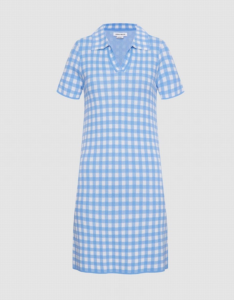 Urban Revivo Checkered Knitted Mini Checkered Women\'s Dress Blue | RBO739NG