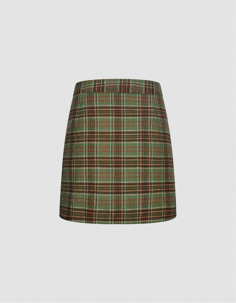 Urban Revivo Checkered Mini A-Line Women's Skirts Green | SFH8425GX