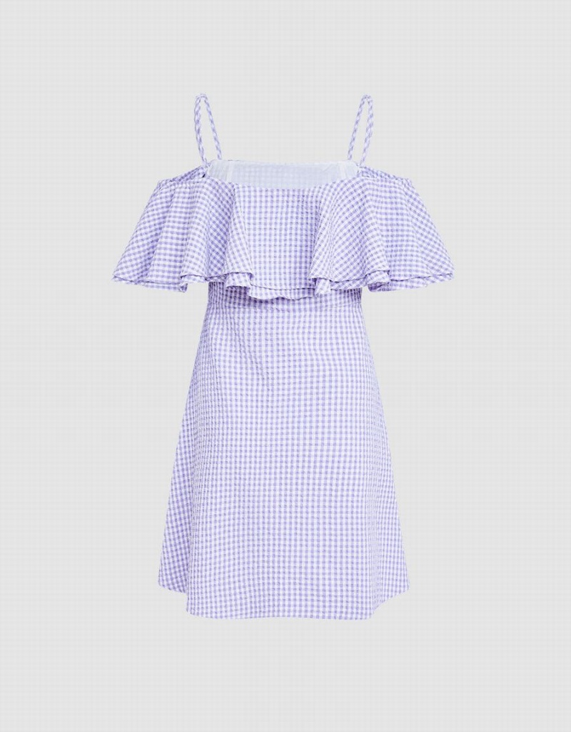 Urban Revivo Checkered Ruffle Cami Women's Dress Purple | BOE2016EF