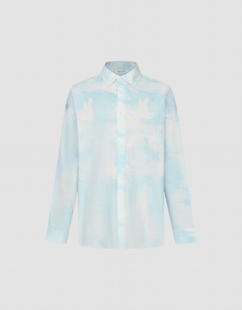 Urban Revivo Cloud Printed Loose Men's Shirts White Blue | VAW294FD