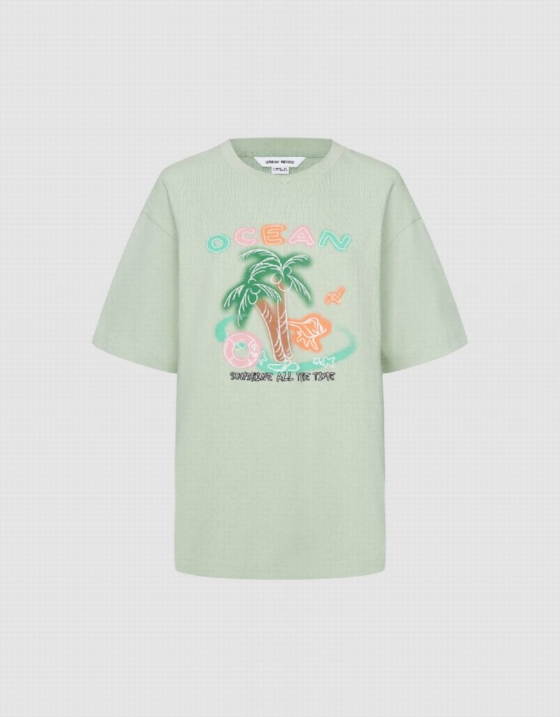 Urban Revivo Coconut Tree Printed Crew Neck Women's T Shirts Green | GKA6765KW