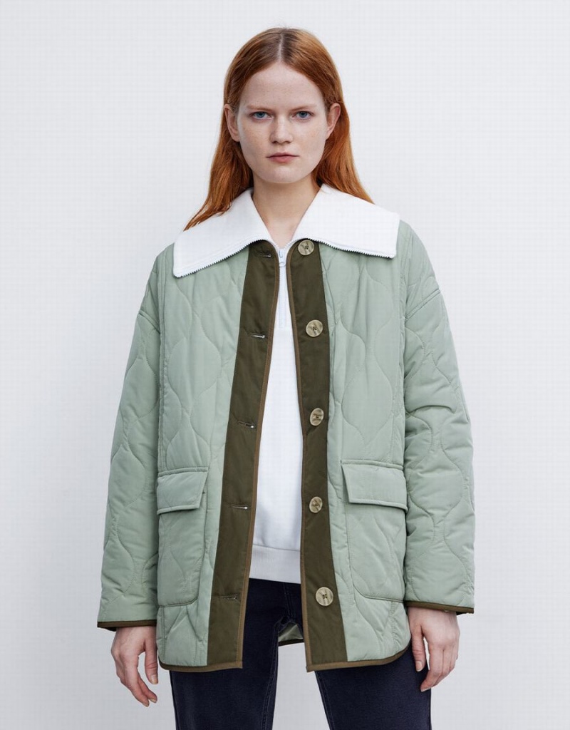 Urban Revivo Combination Quilted Women's Puffer Jacket Green | UGV4834YH