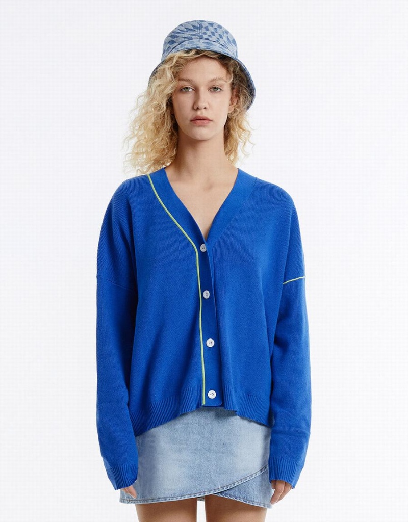 Urban Revivo Contrast Stitch Women's Cardigan Blue | NMV5969EA