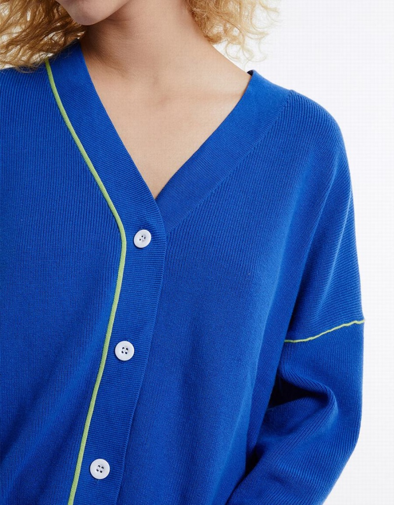 Urban Revivo Contrast Stitch Women's Cardigan Blue | NMV5969EA