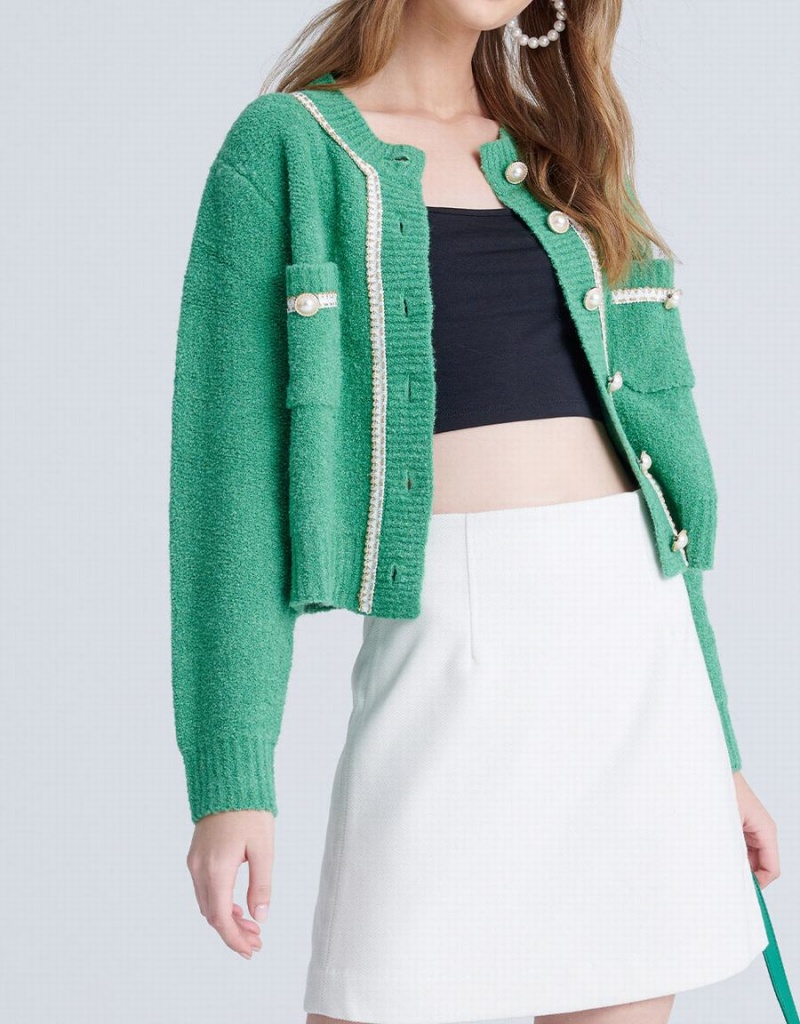 Urban Revivo Contrast Trim Faux Pearl Button Women's Cardigan Green | OKJ135DR