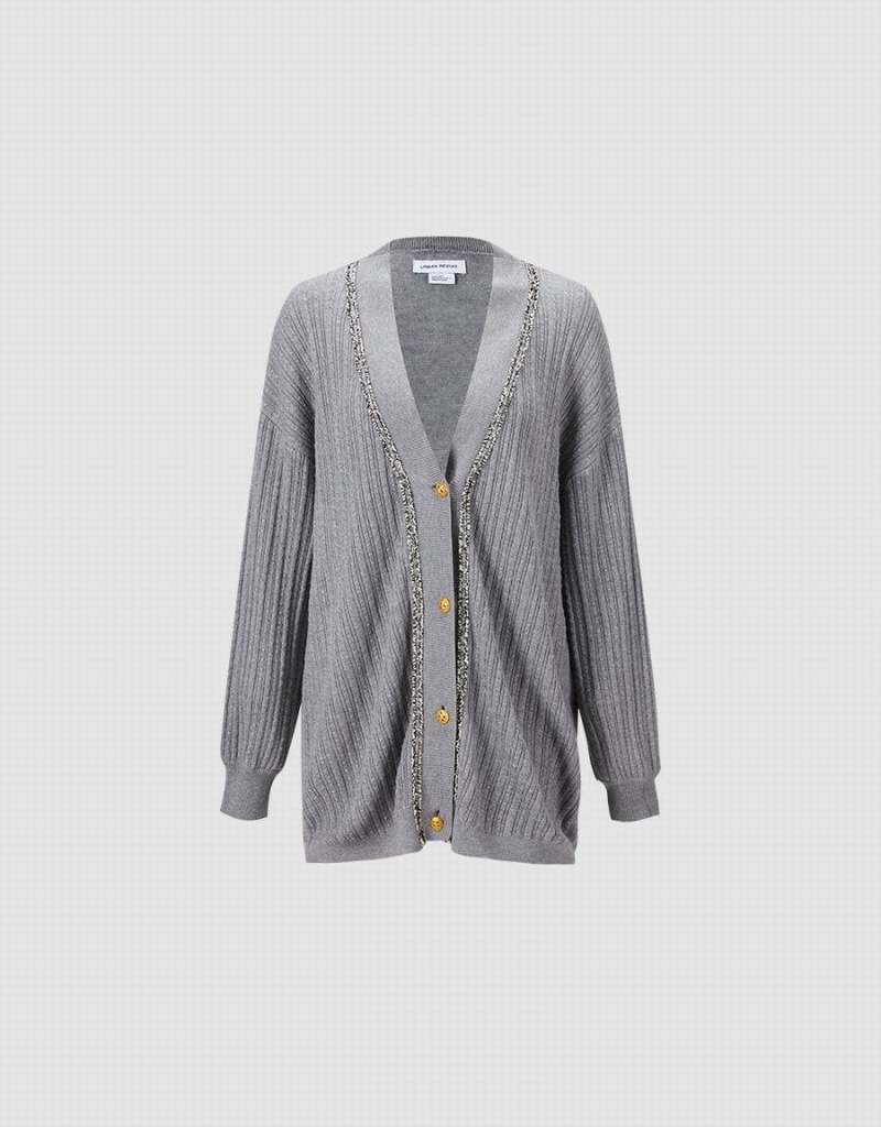 Urban Revivo Contrast Trim Women's Cardigan Light Grey | IOG3278XK