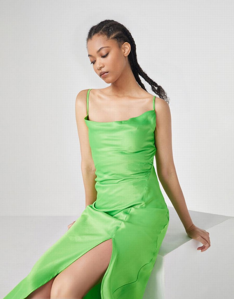 Urban Revivo Cowl Neck Split Hem Cami Women's Dress Green | MIP5612HL