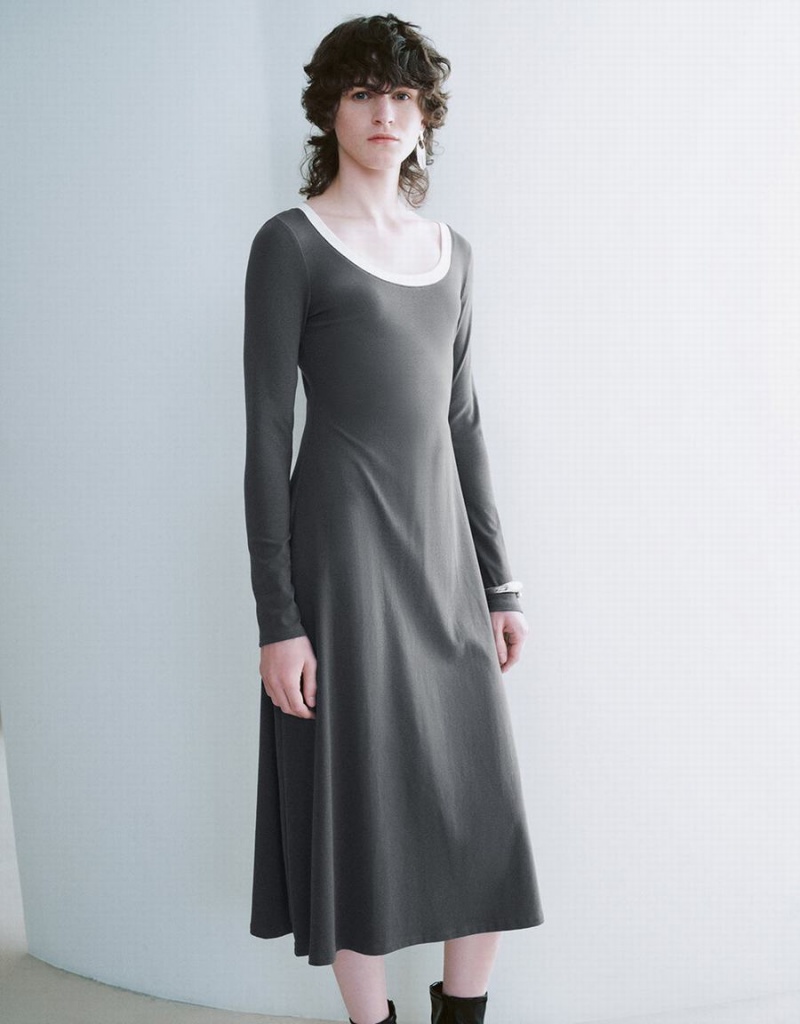 Urban Revivo Crew Neck A-Line Women's Dress Grey | EWB5513KT