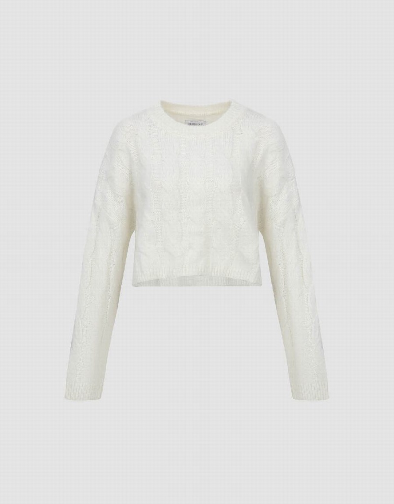 Urban Revivo Crew Neck Cable Knitted Women's Cardigan White | JSQ9272GS