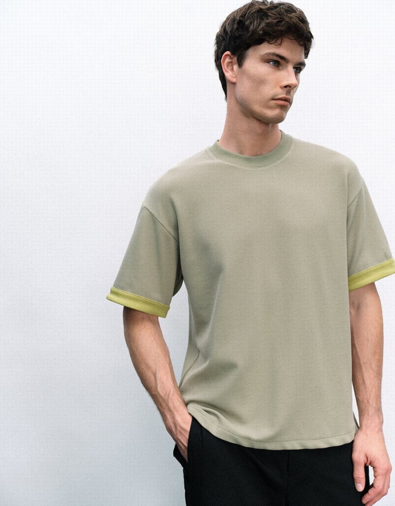 Urban Revivo Crew Neck Knitted Men's T Shirts Green | OEN2237ZQ